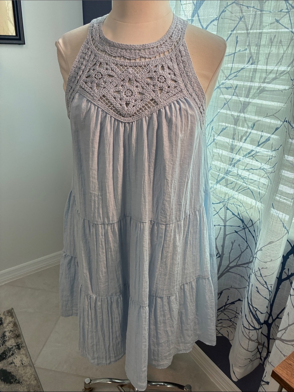 BTFBM Crochet Yoke Sleeveless Tiered Dress - Light Blue